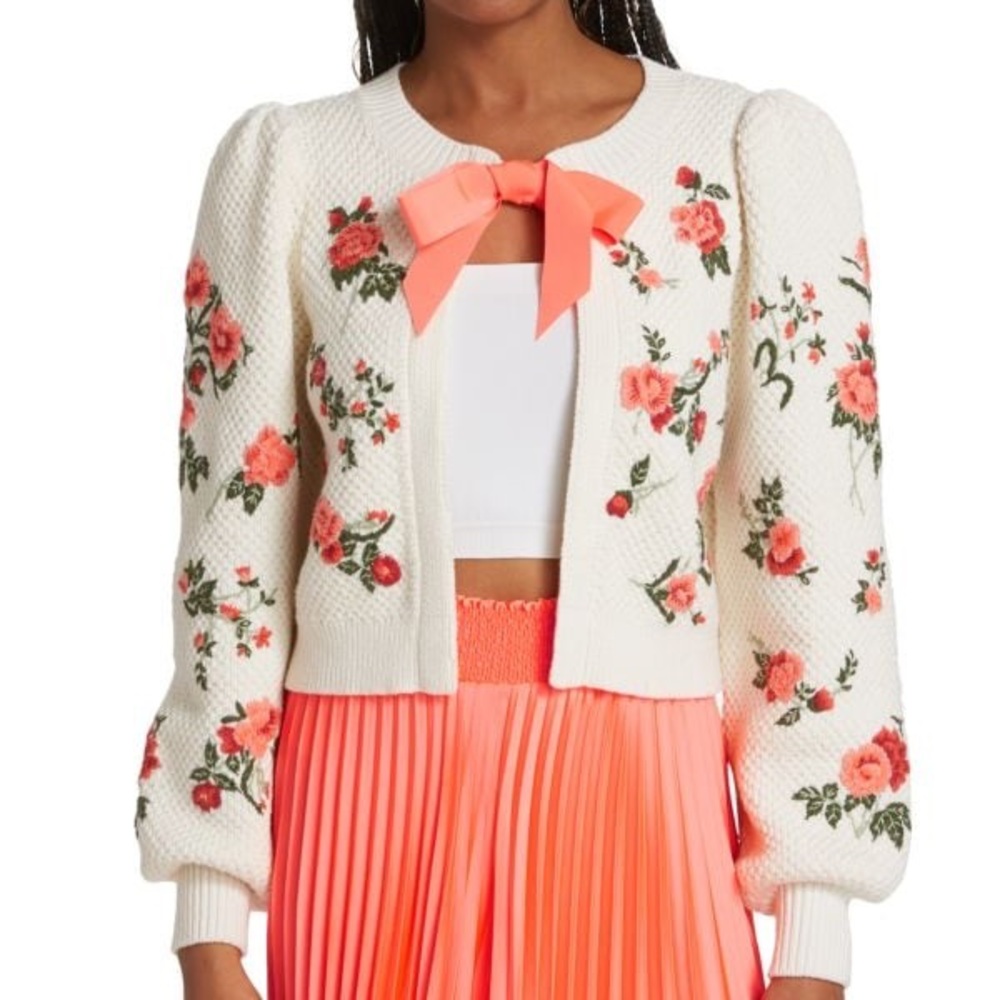 Alice + Olivia Kitty Floral Embroidered Cardigan with Bow - Picture 2 of 6